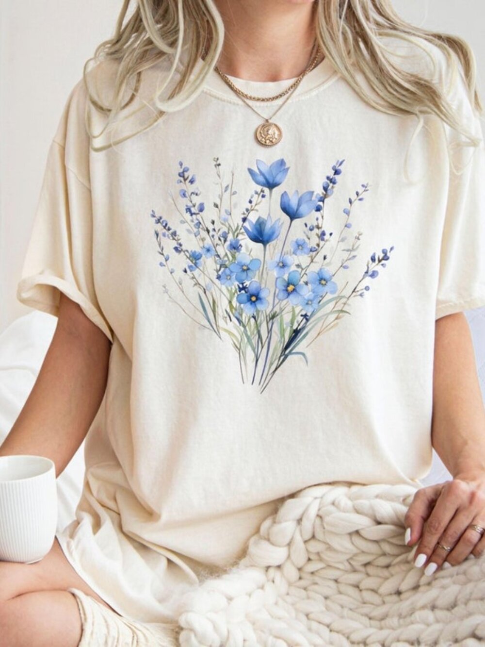 Blue Flower Bouquet Shirt, Flower Lover Shirt, Retro Floral Shirt, Flower Shirt